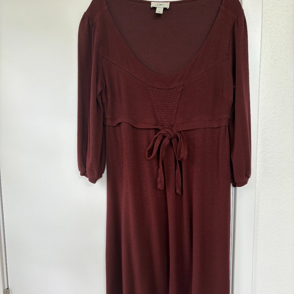 Ann Taylor Loftβ Burgundy Midi Dress, Scoop Neck, Smocking, Front Tie, 10
